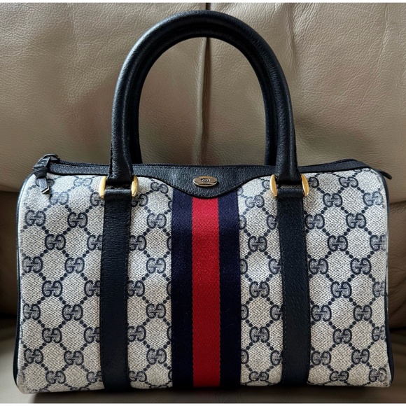 Gucci Handbags - Authentic Vintage Gucci Boston Web Sherry Line Monogram Canvas Black Leather Bag